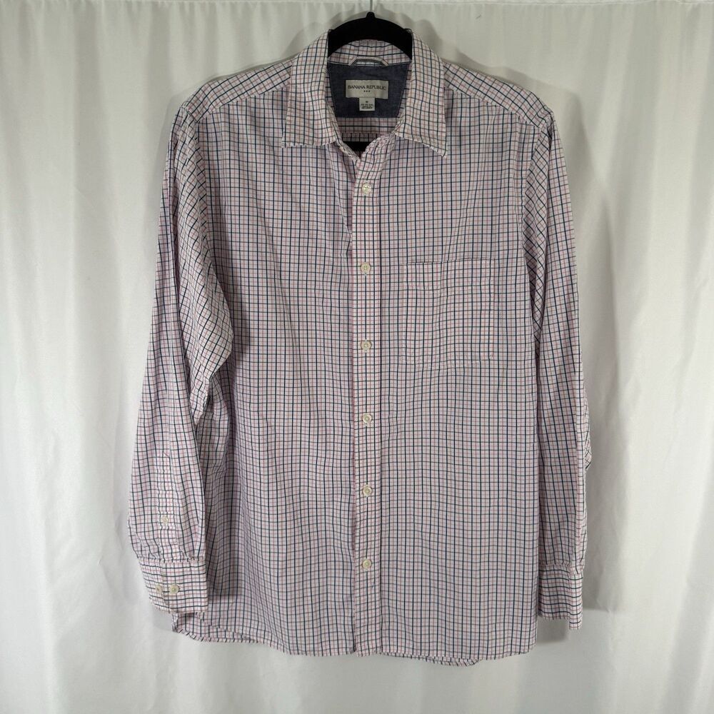 Banana Republic Dress Shirt Men's Medium 15.5 White Pink Plaid Button Up Long Sl